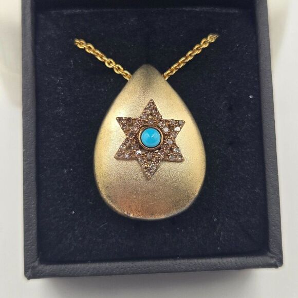 Gold Plated Teardrop Pendant Necklace Star Of David Turquoise Champagne Diamond - Picture 1 of 6